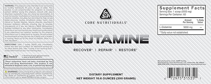 Core Nutritionals Glutamine, Enhances Muscle Growth and Immune Support, 5000mg, 60 Servings