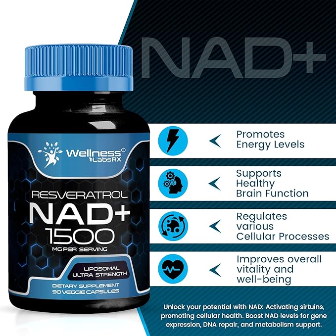 NAD Supplement, 1500mg - Liposomal NAD+ Supplement with Resveratrol, Nad Plus Boosting Supplement - Support Cellular Health, Stamina & Healthy Aging - Ultra Strength Capsules, USA Made