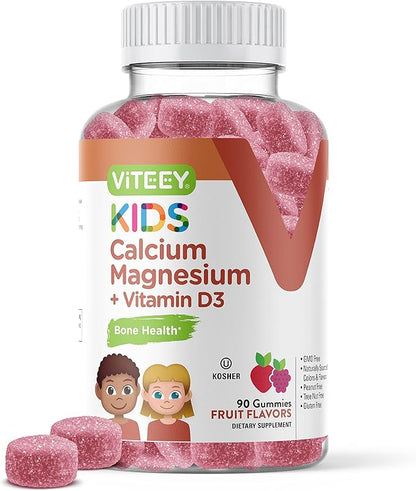 Kids Calcium Gummies + Vitamin D3 & Magnesium Citrate for Kids and Teens - Supports Bone Health, Immune Support, Energy & Muscle Function - Gluten Free, GMO Free - Tasty Chewable Fruit Flavored Gummy