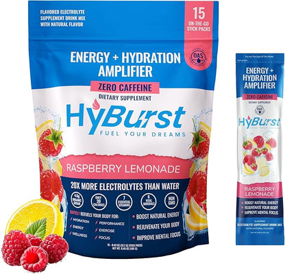 Energy + Hydration Amplifier - Multivitamin Electrolyte Powder Packets with Vitamins D3 K2 & B6 B12 | L-Theanine, Cane Sugar, Caffeine Free Energy Drink Powder | Raspberry Lemonade, 15 Pack