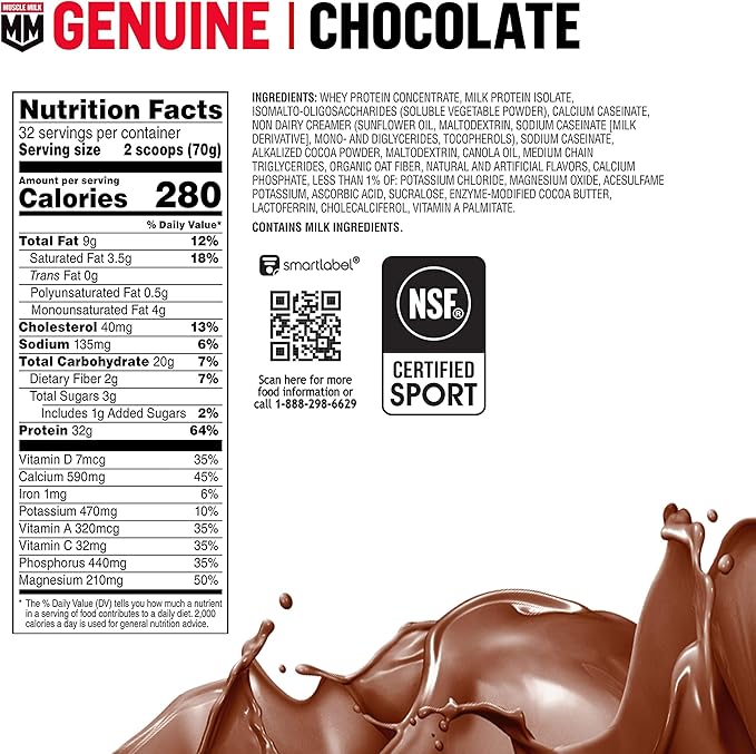 Muscle Milk Genuine Protein Powder, Chocolate, 4.94 Pound, 32 Servings, 32g Protein, 2g Sugar, Calcium, Vitamins A, C & D, NSF Certified for Sport, Energizing Snack, Packaging May Vary