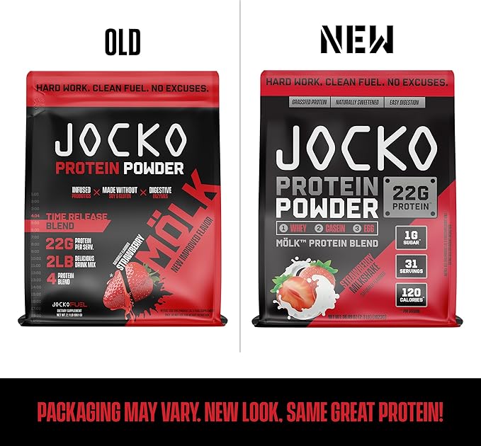 Jocko Mölk Whey Protein Powder 22g Sugar Free Monk Fruit Blend - Muscle Recovery & Growth, Packaging May Vary (31 Servings, Strawberry Milkshake)