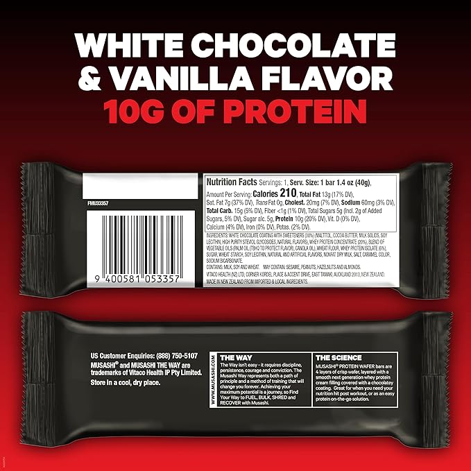 MUSASHI Protein Wafer Bar, 10g Protein, 5g Total Sugars, White Chocolate & Vanilla, Post Workout and Protein Snack On The Go, 12 Pack of 1.4oz (40g) Bars