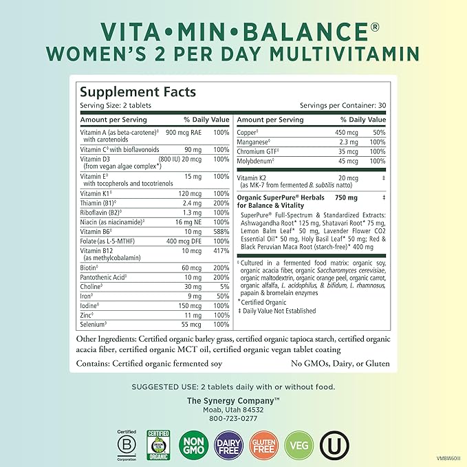 PURE SYNERGY Vita·Min·Balance | Multivitamin for Women with Iron | Women’s Daily Multivitamin Made with Organic Whole Foods | for Balanced Energy and Stress Support (60 Tablets)