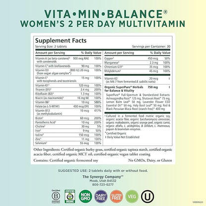 PURE SYNERGY Vita·Min·Balance | Multivitamin for Women with Iron | Women’s Daily Multivitamin Made with Organic Whole Foods | for Balanced Energy and Stress Support (60 Tablets)