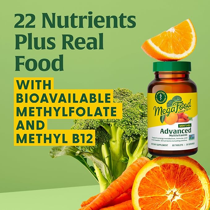 MegaFood Men's 40+ Advanced Multivitamin for Men - Dr-Formulated - Choline, Vitamin B, Vitamin C, Vitamin D, Zinc & Real Food - Brain Health, Immune Support - Vegetarian - 120 Tabs (60 Servings)