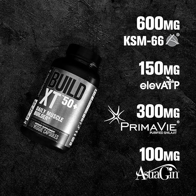 Jacked Factory Build-XT 50+ Daily Muscle Builder - Muscle Recovery Supplement & Muscle Builder for Men and Women with KSM-66 Ashwagandha, Primavie Shilajit, ElevATP, & Astragin - 90 Count