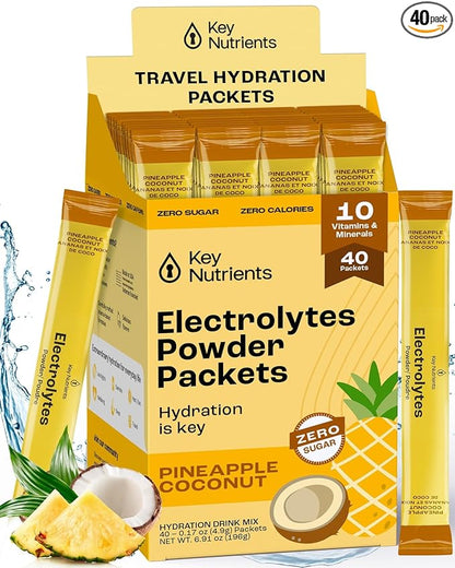 KEY NUTRIENTS Electrolytes Powder Packets - Tropical Pineapple Coconut 40 Pack Hydration Packets - Travel Hydration Powder - No Sugar, No Calories, Gluten Free Keto Electrolytes Powder - Made in USA