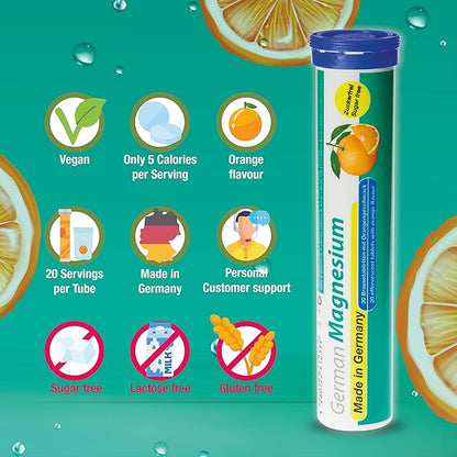 German Magnesium Oxide Supplement | Effervescent Tablets | Orange Flavor – 200 mg Magnesium per Serving | Sugar Free, Vegan – T&D Pharma – Made in Germany