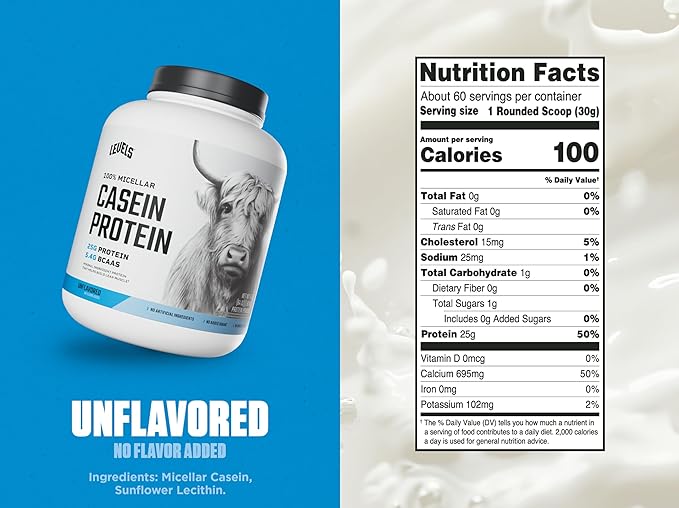 Levels 100% Micellar Casein Protein, No Hormones, Unflavored, 4LB
