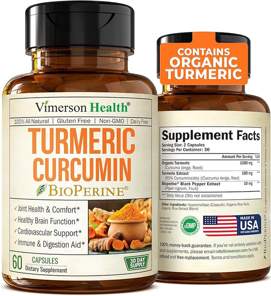 Turmeric Supplement - Turmeric Curcumin Supplement. 1200mg Turmeric Powder Organic & Bioperine Joint Support Supplement. 95% Curcuminoids. Organic Turmeric Curcumin with Black Pepper - 60 Tumeric Caps