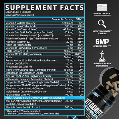 Nutrex Research Vitadapt Complete Sports Multivitamin for Men - 24 Vitamins, KSM-66 Ashwagandha and Minerals for Athletes - Mens Multivitamin (90 Capsules)