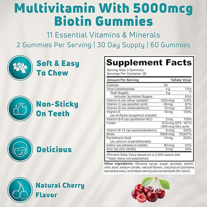 Men & Women Multivitamin Gummies. A well rounded daily gummy multivitamins with Biotin 5000 mcg. Non-GMO, 60 Count, 30 Servings. Multi Vitamin for adults for Immune Support, Overall Wellness