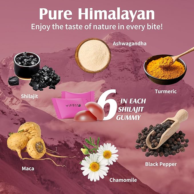 Shilajit Gummies, 3000 Mg Shilajit Pure Himalayan Organic with Ashwagandha, Turmeric Sugar-Free Gummies for Men and Women, Shilajit Supplement, Non-GMO Nature Shilajit for Energy, 60 Gummies