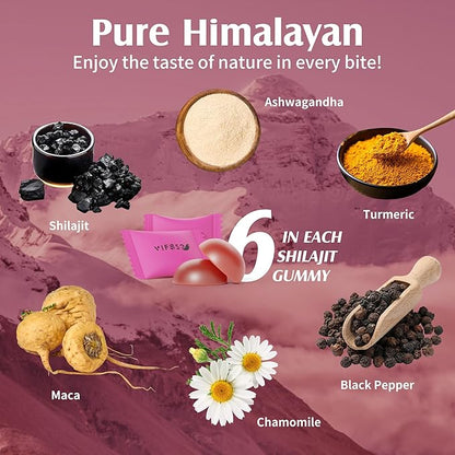 Shilajit Gummies, 3000 Mg Shilajit Pure Himalayan Organic with Ashwagandha, Turmeric Sugar-Free Gummies for Men and Women, Shilajit Supplement, Non-GMO Nature Shilajit for Energy, 60 Gummies