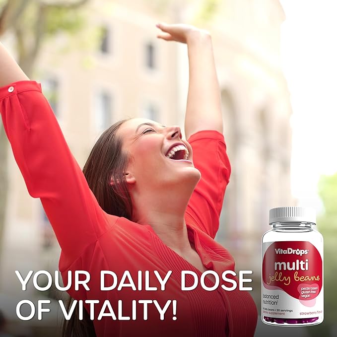 Multivitamin Jelly Beans, Women & Men, Source of Vitamin A C D E B-3 B-6 & Biotin, Supports Immune System, Pectin Based, Vegan & Gluten Free, Strawberry Flavor, 90 Jelly Beans, 30 Servings