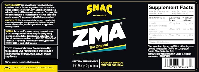 SNAC ZMA The Original Recovery & Sleep Supplement, Promotes Muscle Recovery, Immune Support & Restorative Sleep with Zinc, Magnesium & Vitamin B6, 180 Veggie Capsules (2 Pack of 90 Count)