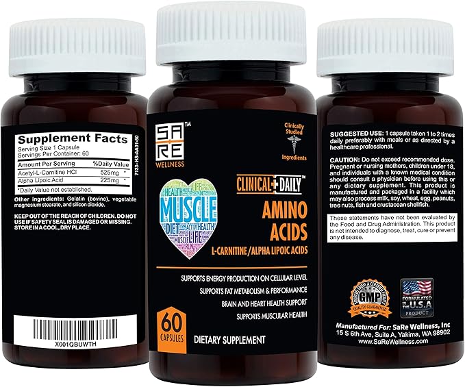 CLINICAL DAILY Acetyl L Carnitine - Alpha Lipoic Essential Amino Acids Supplements Capsules for Women, Men or Elderly- ALCAR ALA Complex Helps Boost Metabolism, Brain, Heart, & Muscle Health- 60 Pills