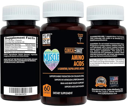 CLINICAL DAILY Acetyl L Carnitine - Alpha Lipoic Essential Amino Acids Supplements Capsules for Women, Men or Elderly- ALCAR ALA Complex Helps Boost Metabolism, Brain, Heart, & Muscle Health- 60 Pills