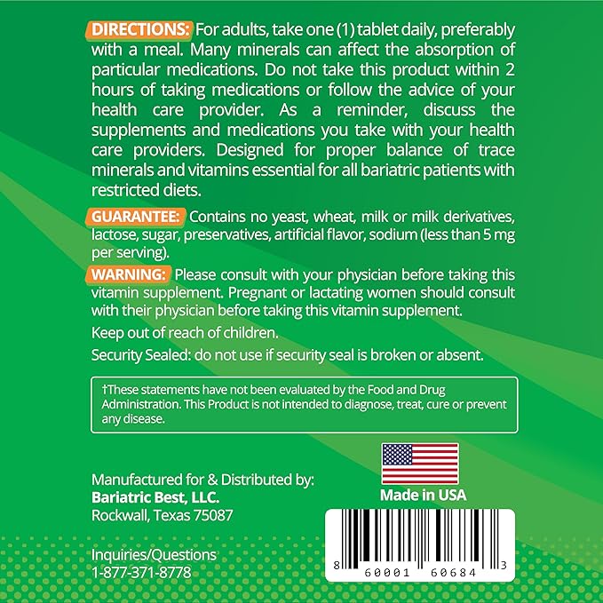 Bariatric Multivitamin with Iron for Post-Gastric Bypass & Sleeve Surgery, Energy Supplements, 90 Tablets, 24 Essential Nutrients, Formulated by Bariatric Surgeons per ASMBS Guidelines