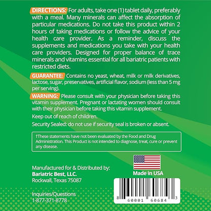Bariatric Multivitamin with Iron for Post-Gastric Bypass & Sleeve Surgery, Energy Supplements, 90 Tablets, 24 Essential Nutrients, Formulated by Bariatric Surgeons per ASMBS Guidelines