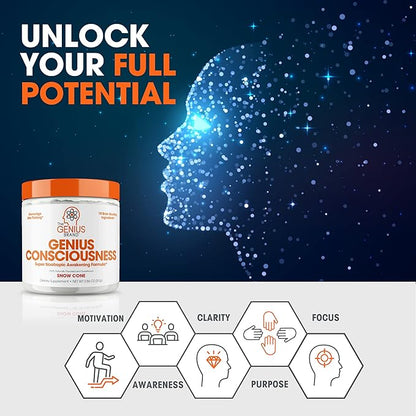 Genius Consciousness, Super Nootropic Brain Supplement Powder, Snow Cone - Focus, Cognitive Function, Concentration & Memory Booster - Alpha GPC & Lions Mane Mushroom for Neuro Energy