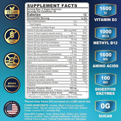 Methylated Multivitamin for Men Gummies, BCAA Amino Acids, Zinc, Vitamin A C D3 E K2 B6 B12 Biotin Calcium, Magnesium, Lycopene, Digestive Enzymes - Energy Muscle Immunity - Sugar Free, Vegan, 60 Cts