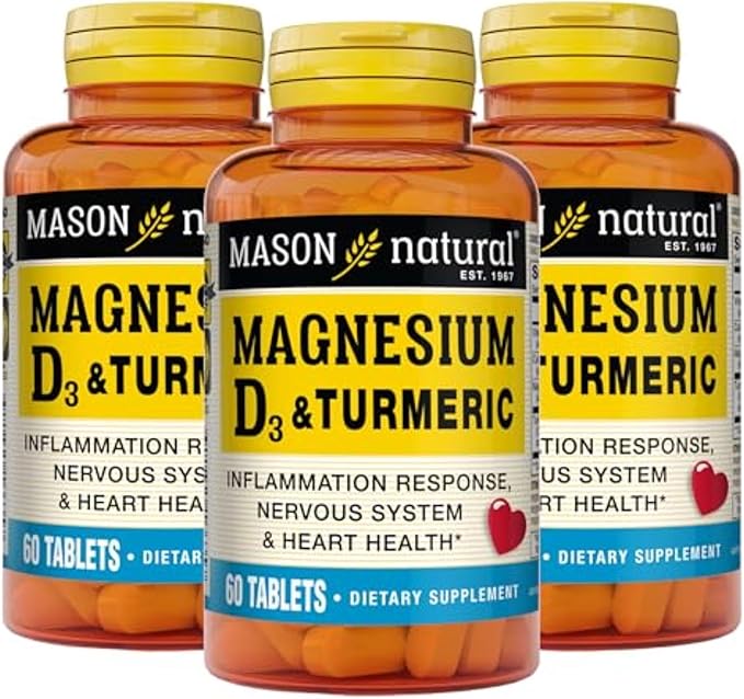 MASON NATURAL Magnesium & Vitamin D3 with Turmeric - Healthy Heart and Nervous System, Strengthens Bones and Muscles, Improved Joint Health, 60 Tablets (Pack of 3)