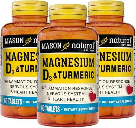 MASON NATURAL Magnesium & Vitamin D3 with Turmeric - Healthy Heart and Nervous System, Strengthens Bones and Muscles, Improved Joint Health, 60 Tablets (Pack of 3)