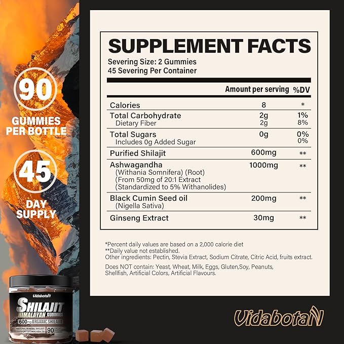 Shilajit Gummies 600 MG, 85+ Trace Minerals, Fulvic Acid, Pure Shilajit with Ashwagnadha, Black Seed Oil for Men & Women, Sugar Free, Lemon Flavor, 90 Gummies