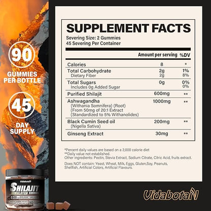 Shilajit Gummies 600 MG, 85+ Trace Minerals, Fulvic Acid, Pure Shilajit with Ashwagnadha, Black Seed Oil for Men & Women, Sugar Free, Lemon Flavor, 90 Gummies