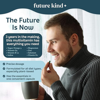 Future Kind Carrageenan-Free Foundations Multivitamin: Vegan Multivitamins for Women & Men- Plant Based Multivitamin, Omega-3, B12, D3, Zinc, Iodine, Magnesium, K2 & Selenium- Compostable Bag