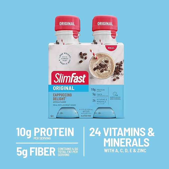 SlimFast Meal Replacement Shake, Original Cappuccino Delight, 10g of Ready to Drink Protein for Weight Loss, 11 Fl. Oz Bottle, 4 Count (Pack of 3) (Packaging May Vary)