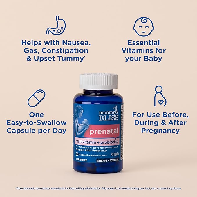 Mommy's Bliss Prenatal Multivitamin + Probiotic for Women w/ Folic Acid, Supports Baby Development & Mom's Digestion w/ Zinc, Vitamin B6 & B12, Ginger & Choline, Vegan & Gluten Free (45 Servings)
