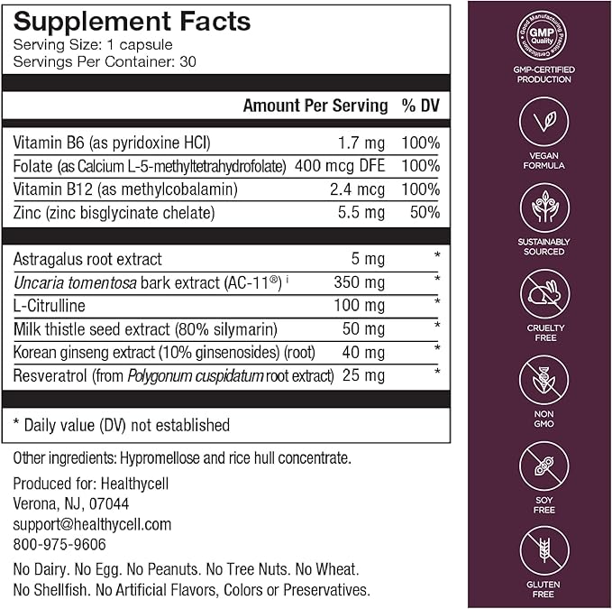 Healthycell Telomere Length | Supplement for Lengthening Telomeres and DNA Repair, Anti Aging, Cell Health, Stem Cell Support | Clinically Proven Ingredient AC11® | 578 mg Capsules