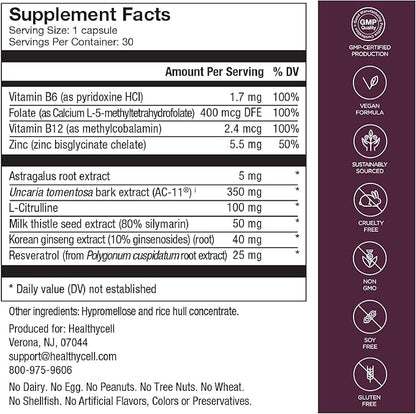 Healthycell Telomere Length | Supplement for Lengthening Telomeres and DNA Repair, Anti Aging, Cell Health, Stem Cell Support | Clinically Proven Ingredient AC11® | 578 mg Capsules