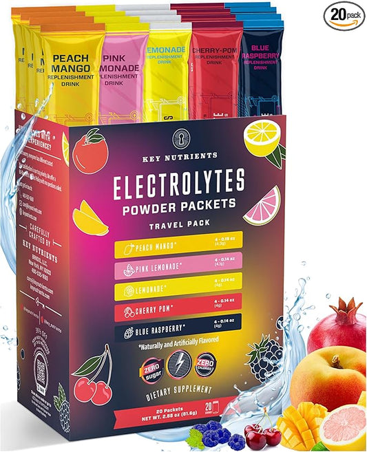KEY NUTRIENTS Multivitamin 20 Pack Electrolytes Powder Packets No Sugar - 5 Delicious Flavors Post Workout and Recovery Hydration Packets - No Calories, Electrolytes Powder Packets