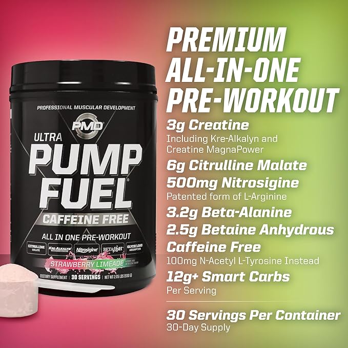 PMD Sports Ultra Pump Fuel Caffeine Free - Pre Workout Drink Mix - Energy, Strength, Endurance, Recovery Complex Carbohydrates and Amino Energy - Strawberry Limeade (30 Servings)