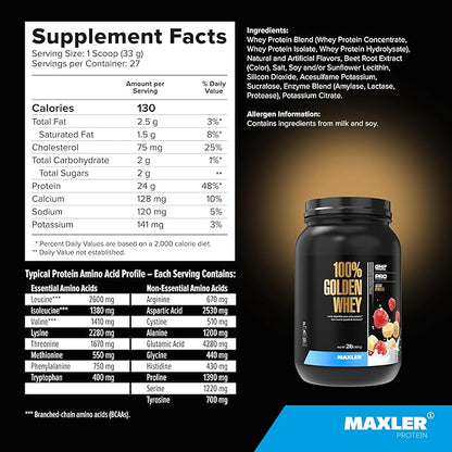 Maxler 100% Golden Whey Protein - 24g of Protein per Serving - Premium Whey Protein Powder for Pre Post Workout - Fast-Absorbing Whey Concentrate, Isolate & Hydrolysate Blend - Strawberry Banana 2 lbs