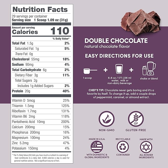 Designer Wellness, Designer Whey, Natural Whey Protein Powder with Probiotics, Fiber, and Key B-Vitamins for Energy, Gluten-Free & Kosher, Double Chocolate, 2 lb