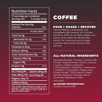 Tailwind Nutrition Recovery Mix, Complete Protein, Carbohydrates, and Electrolytes Powder Drink Mix for Post-Workout, Free of Gluten, Soy, and Dairy, Vegan, 12 Servings, Coffee