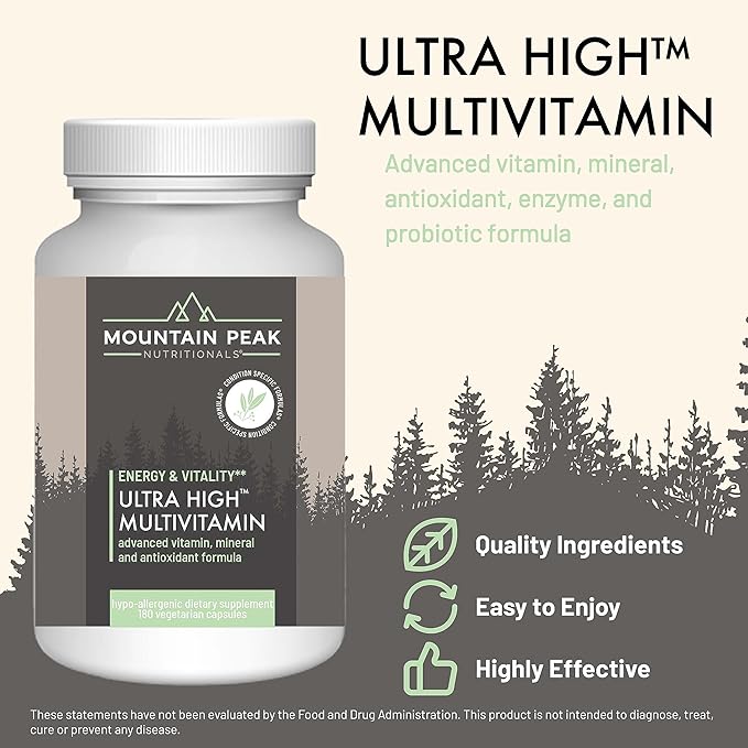 Mountain Peak Nutritionals Ultra High Multivitamin - Helps Support Well Being - Complete w/Vitamin A, Vitamin B12 & Probiotic Formula - Hypoallergenic Dietary Supplement (180 Vegetarian Capsules)