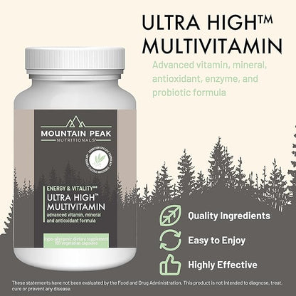 Mountain Peak Nutritionals Ultra High Multivitamin - Helps Support Well Being - Complete w/Vitamin A, Vitamin B12 & Probiotic Formula - Hypoallergenic Dietary Supplement (180 Vegetarian Capsules)