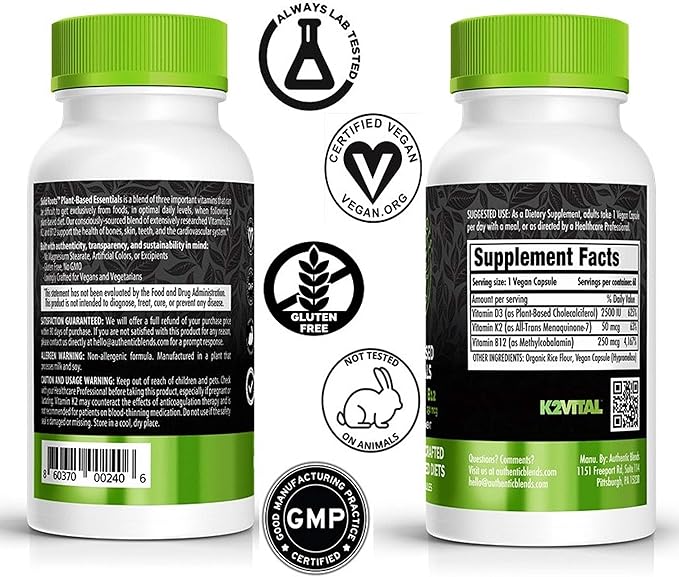 SOLID ROOTS Vegan Vitamin D3 + K2 +B12 for Bones, Heart, Skin, Teeth Plant-Based Multivitamin Essentials