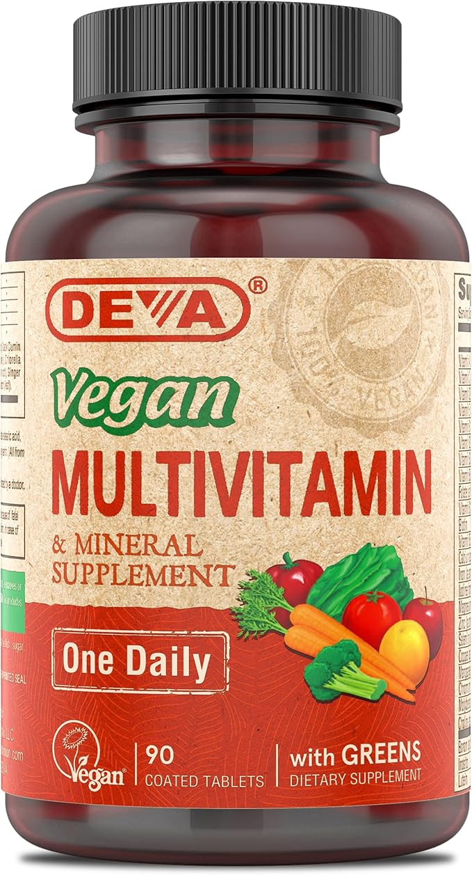 DEVA Vegan Multivitamin and Mineral Supplement - Once-Per-Day Formula with Greens - Vitamins A, C, D, E, B Complex, High-Potency Formulation for Daily Health and Wellness- 90 Coated Tablets, 1-Pack
