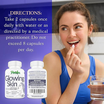 Glowing Skin Supplement - Biotin, Glutathione, Hyaluronic Acid, DHA/EPA Omega 3 Fish Oil, CoQ10, Vitamin C, All Natural Skin Care Supplement, 60 Caps