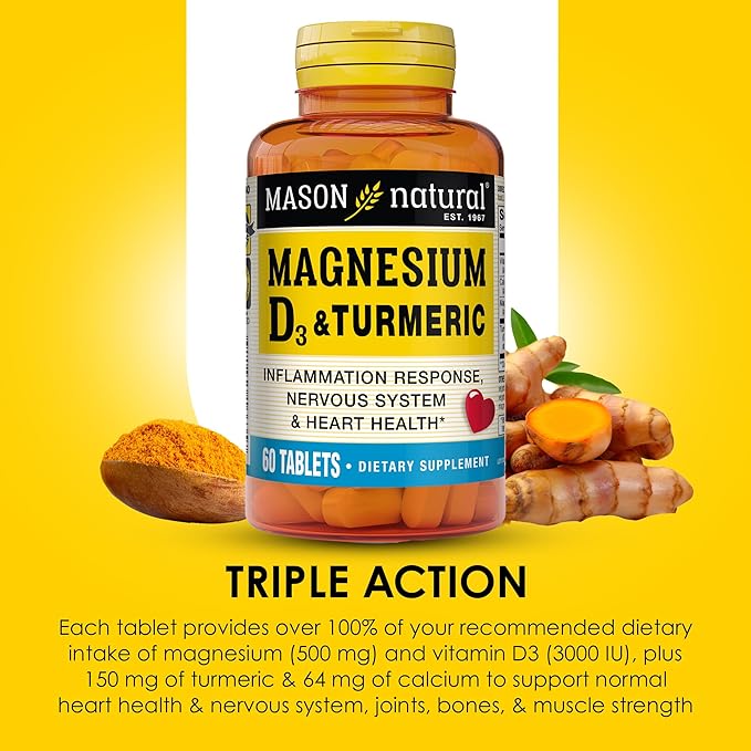 MASON NATURAL Magnesium & Vitamin D3 with Turmeric - Healthy Heart and Nervous System, Strengthens Bones and Muscles, Improved Joint Health, 60 Tablets (Pack of 3)