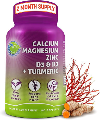 Plant-Based Calcium 500mg (Aquamin) - Vegan Calcium Magnesium Zinc D3 + Vitamin K2, Organic Turmeric & BioPerine - Supports Enhanced Bone Health & Strength for Women and Men - 180 Count