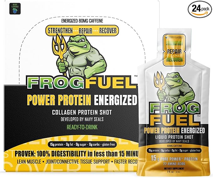 Frog Fuel Power Energized Protein Shot, 15g Protein Nano-Hydrolyzed Grass Fed Collagen, 80mg Caffeine, Fat & Sugar Free, 22 Amino Acids, 0 Carbs, Berry, 1 oz Packets, 24 Pack