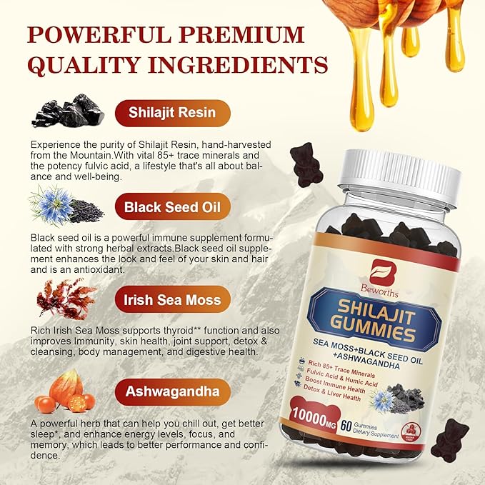 Shilajit Resin Gummies, Shilajit Irish Sea Moss Supplement with Black Seed Oil, Ashwagandha Ginger, Panax Ginseng, Shilajit Gummies with 85+ Trace Minerals & Fulvic Acid for Energy, Immune Support